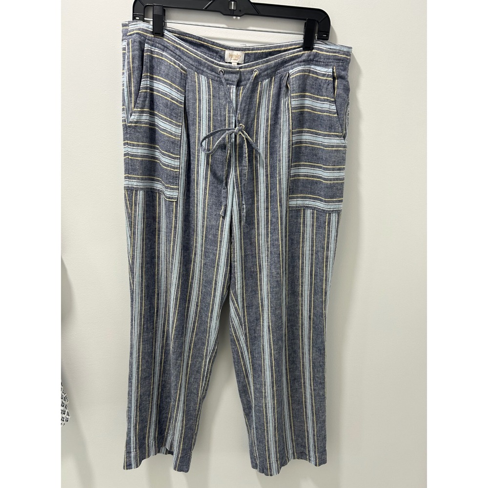 Laundry by Shelli Segal Blue Yellow Striped Linen Blend Drawstring Pants Size 12